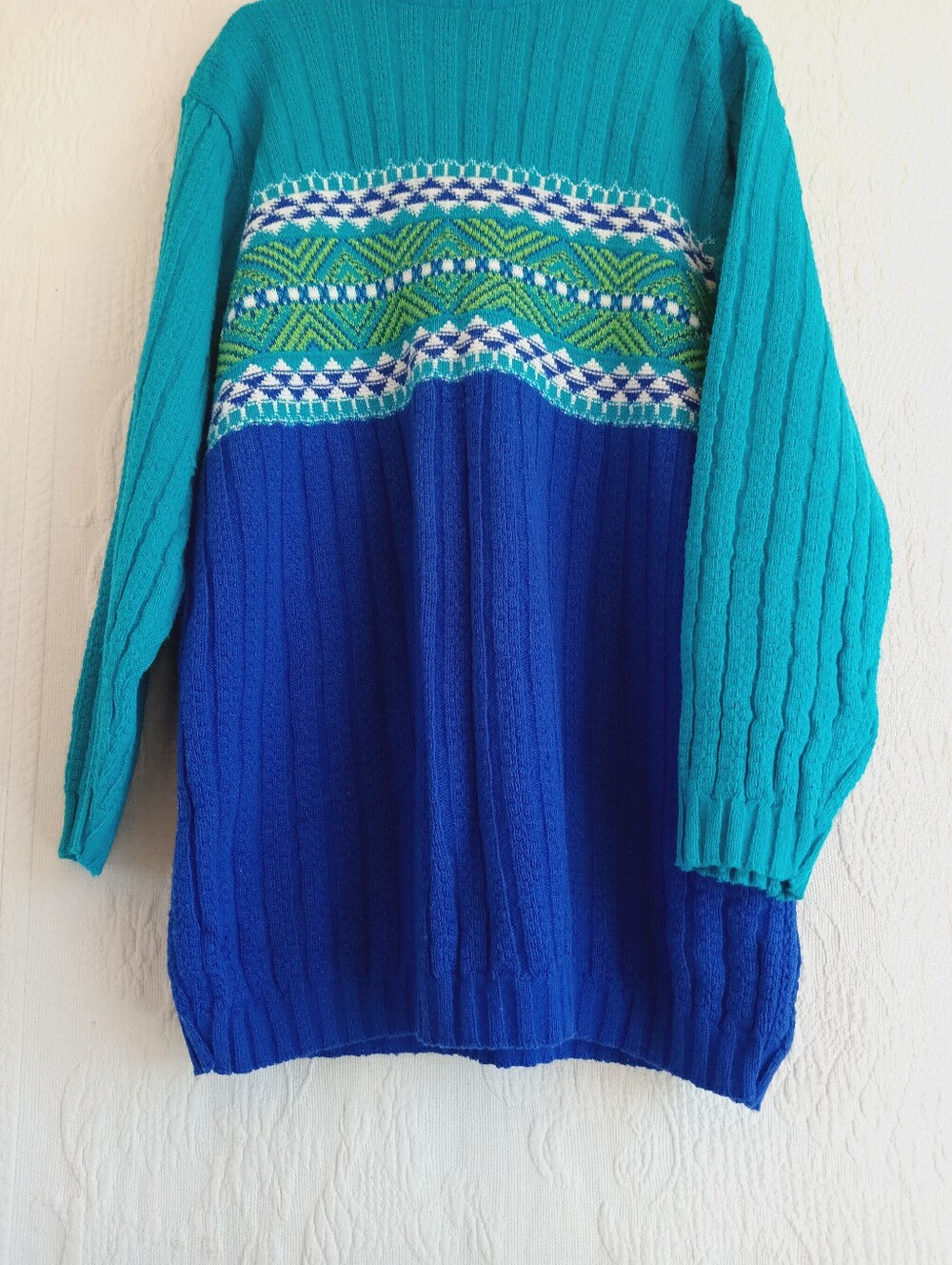 80s Teal & Royal Blue Nordic Knit Sweater Retro Cable Knit Colorblock Ski Winter - Picture 5 of 9